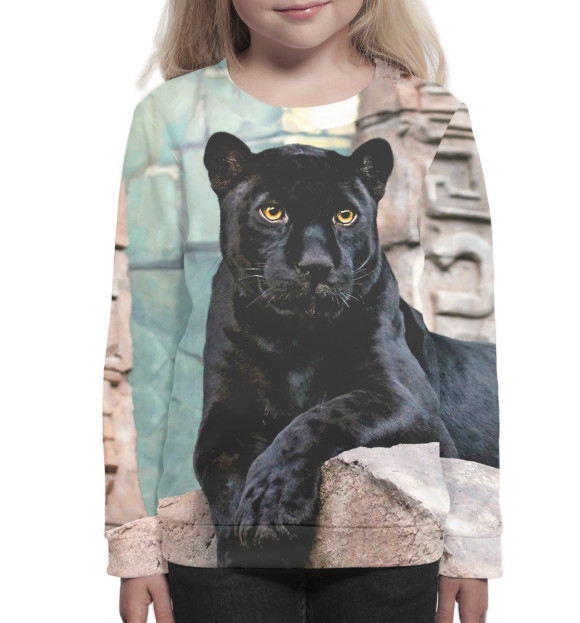 Свитшот для девочек с изображением Пантера на скалах цвета Белый