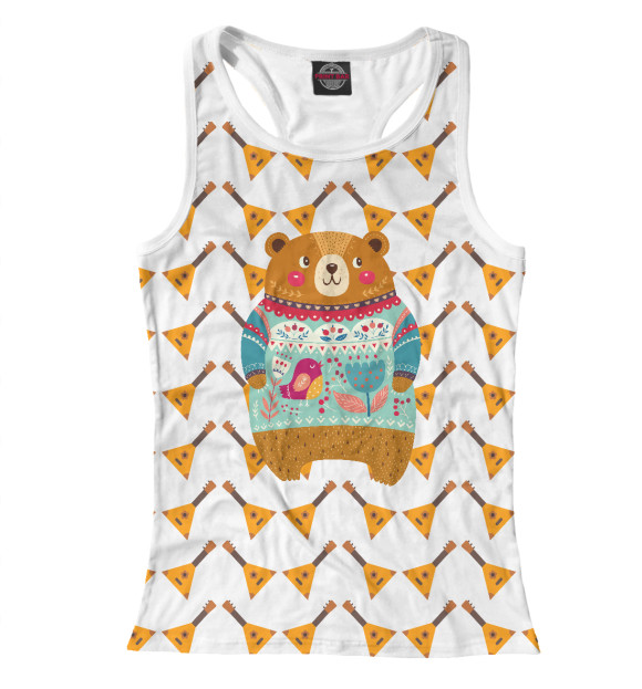 Женская майка-борцовка с изображением Мишка и балалайка цвета Белый