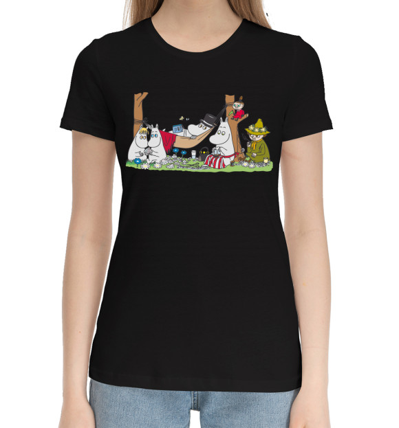 Женская хлопковая футболка с изображением Moomin цвета Черный