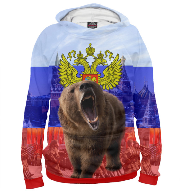 Мужское худи с изображением Русский медведь цвета Белый