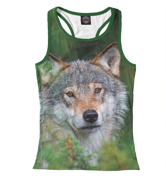 Женская майка-борцовка с изображением Волк в зеленом лесу цвета Белый