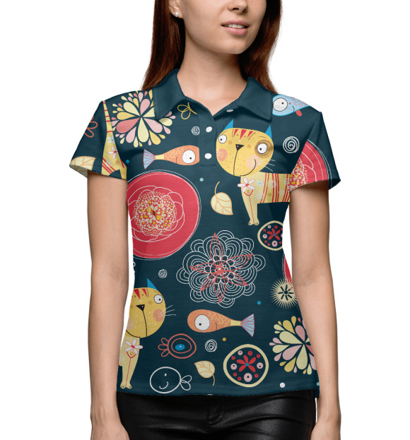 Женское поло с притом кошки-рыбки цвета Белый Женское поло с изображением кошки-рыбки цвета Белый