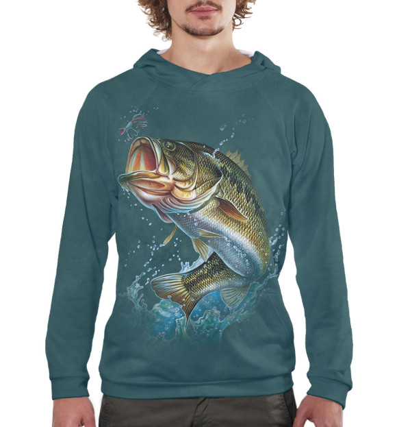 Мужское худи с изображением Рыбалка цвета Белый