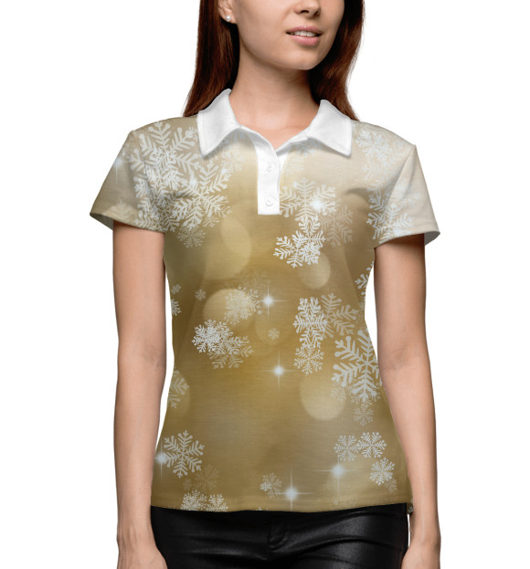 Женское поло с изображением Снежинки на золотом цвета Белый