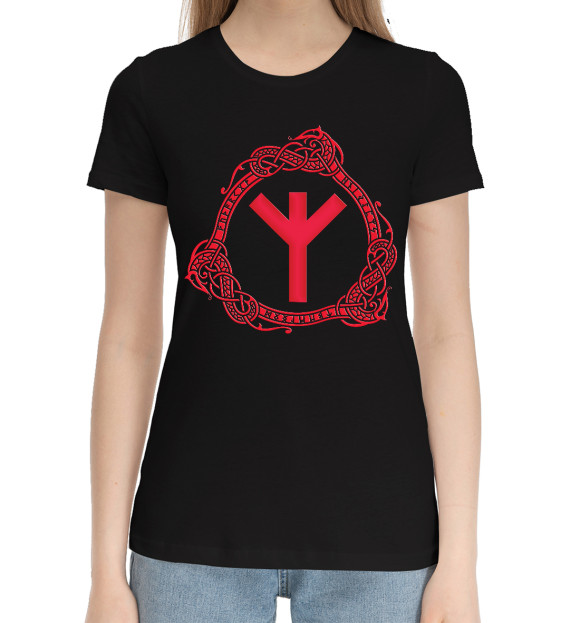 Женская хлопковая футболка с изображением Руна Альгиз на чёрном цвета Черный