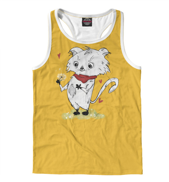 Мужская майка-борцовка с изображением Романтичный котик (желтый фон) цвета Белый