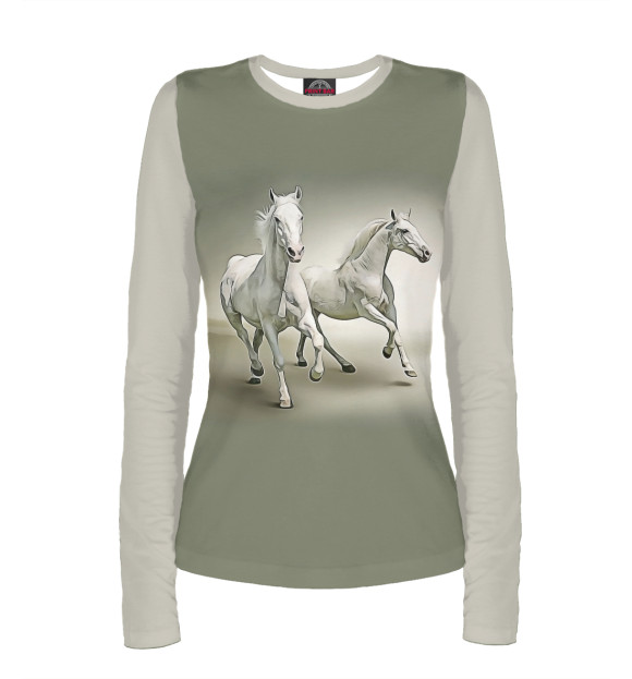 Женский лонгслив с притом Пара лошадей цвета Белый Женский лонгслив с изображением Пара лошадей цвета Белый