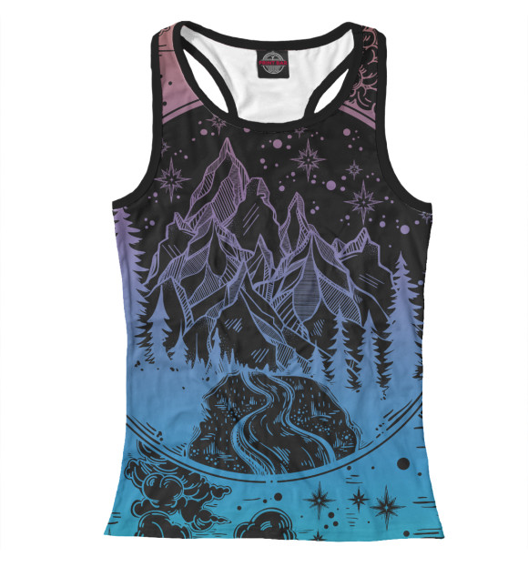 Женская майка-борцовка с изображением Сосновый лес горный пейзаж цвета Белый