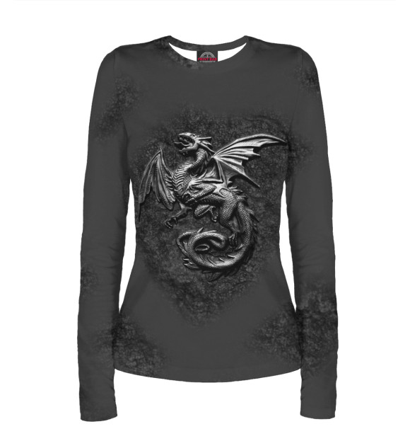 Женский лонгслив с притом Стальной Дракон на скале. цвета Белый Женский лонгслив с изображением Стальной Дракон на скале. цвета Белый