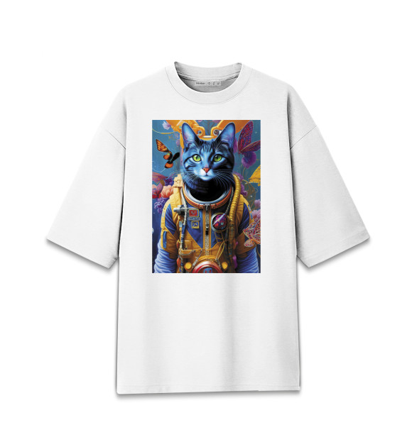 Женская футболка оверсайз с изображением Котик бравый космонавт цвета Белый