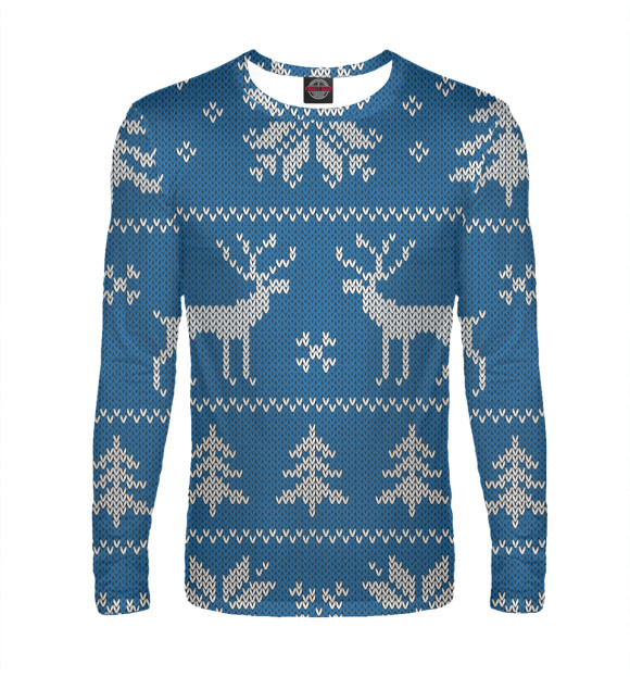 Мужской лонгслив с изображением Свитер с оленями цвета Белый