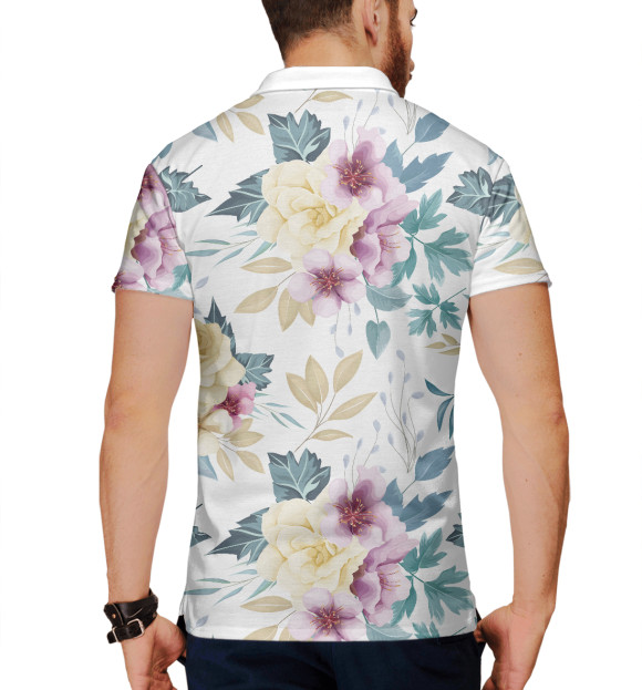 Мужское поло с изображением Розовые бутоны (паттерн) цвета Белый