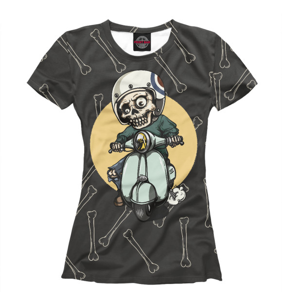 Женская футболка с изображением Скелет на мопеде цвета Белый