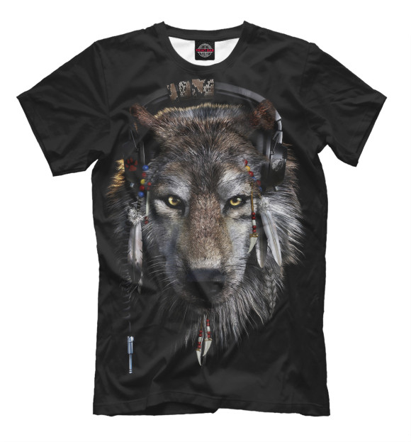Мужская футболка с изображением Волк в наушниках цвета Черный