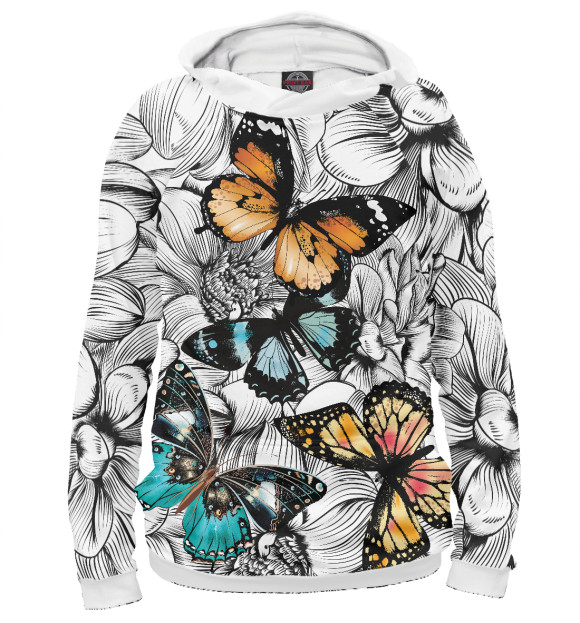 Мужское худи с изображением Цветные бабочки цвета Белый