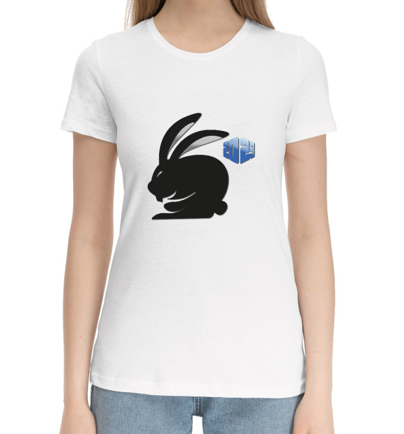 Женская хлопковая футболка с изображением Черный кролик 2023 цвета Белый