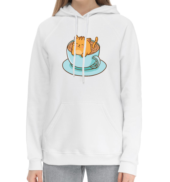 Женский хлопковый худи с притом Cup of cat цвета Белый Женский хлопковый худи с изображением Cup of cat цвета Белый