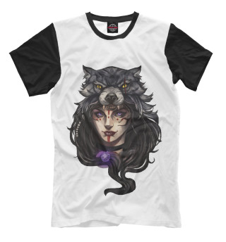 Мужская футболка Девушка с шкурой волка