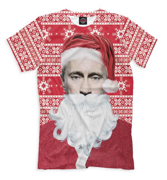 Мужская футболка с изображением Путин Дед Мороз цвета Молочно-белый