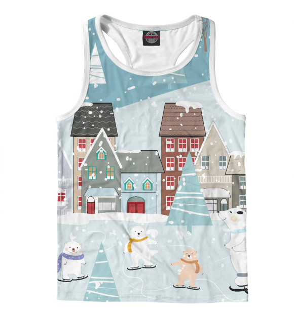 Мужская майка-борцовка с изображением Новогодний двор цвета Белый