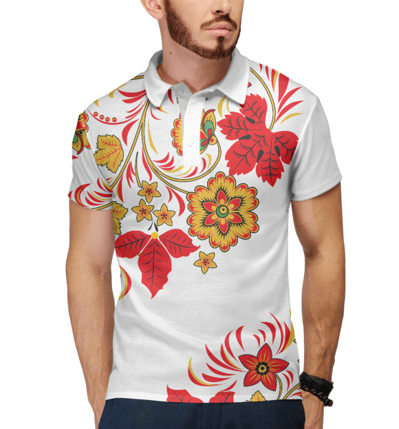 Мужское поло с изображением Хохлома цвета Белый