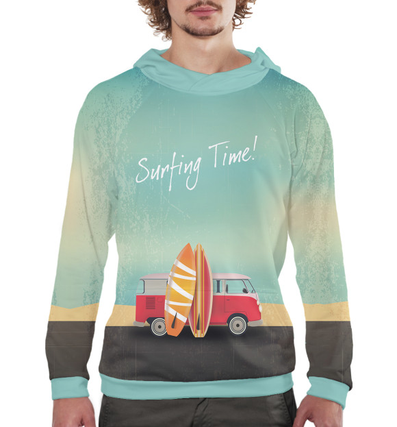 Мужское худи с изображением Surfing Time! цвета Белый