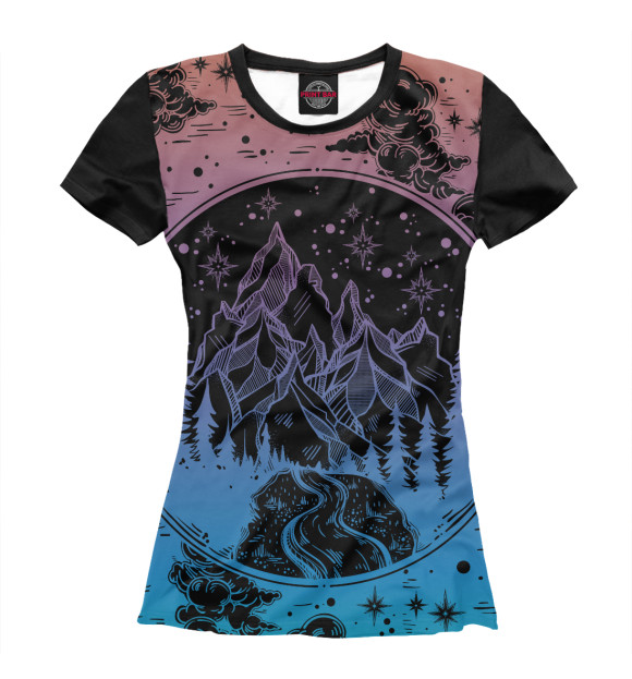 Женская футболка с изображением Сосновый лес горный пейзаж цвета Белый