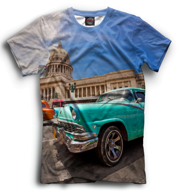 Мужская футболка с изображением Автомобили на Кубе цвета Черный