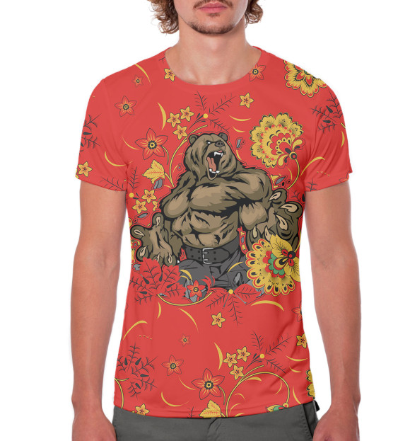 Мужская футболка с изображением Медведь на хохломе цвета Белый