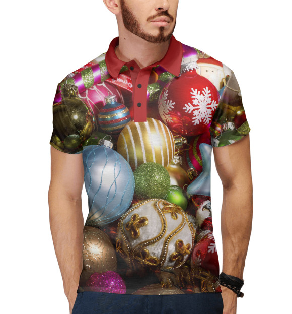 Мужское поло с изображением Новогодние игрушки цвета Белый