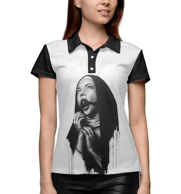 Женское поло с притом Монашка и gag цвета Белый Женское поло с изображением Монашка и gag цвета Белый