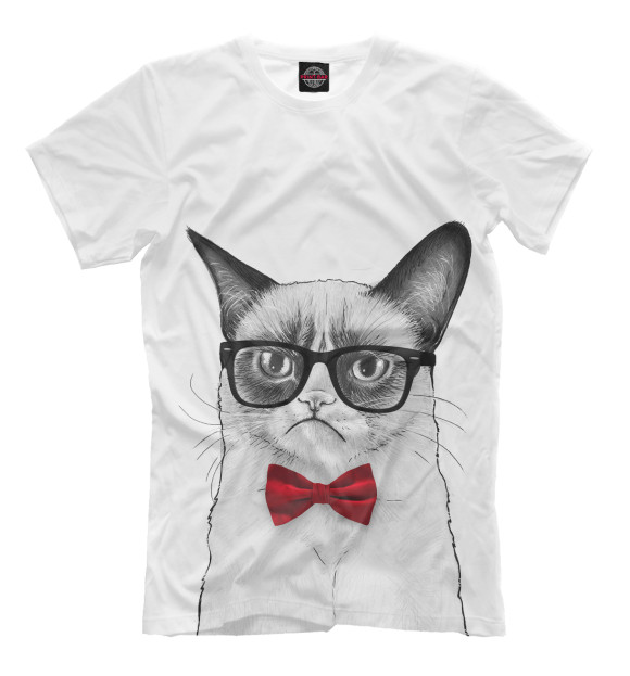 Мужская футболка с изображением Суровый кот цвета Молочно-белый