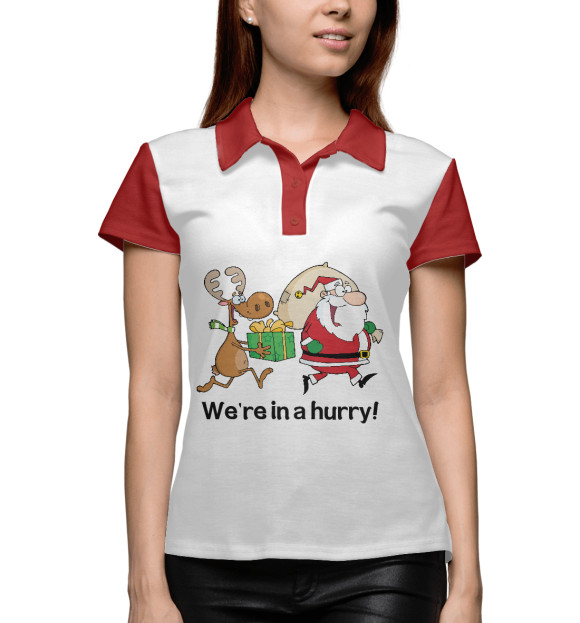 Женское поло с изображением Мы очень спешим!! цвета Белый