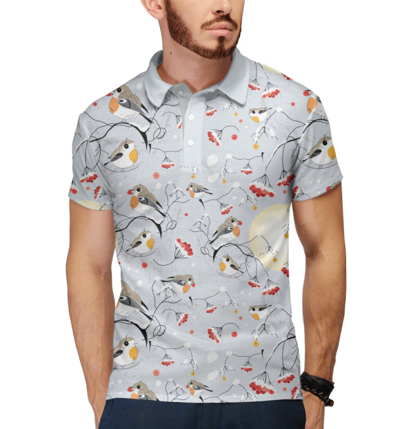 Мужское поло с изображением Winter Birds цвета Белый