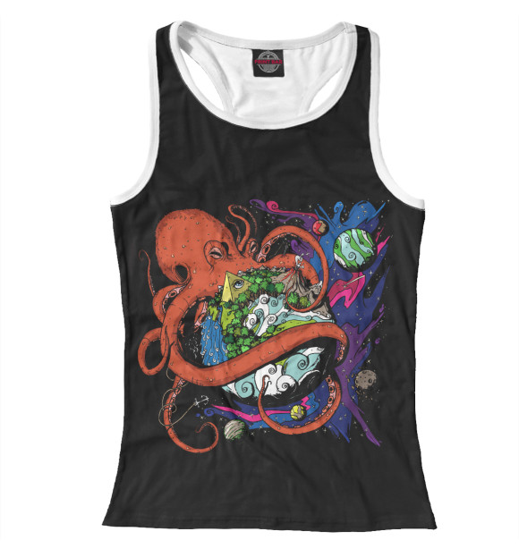 Женская майка-борцовка с изображением Octopus World цвета Белый