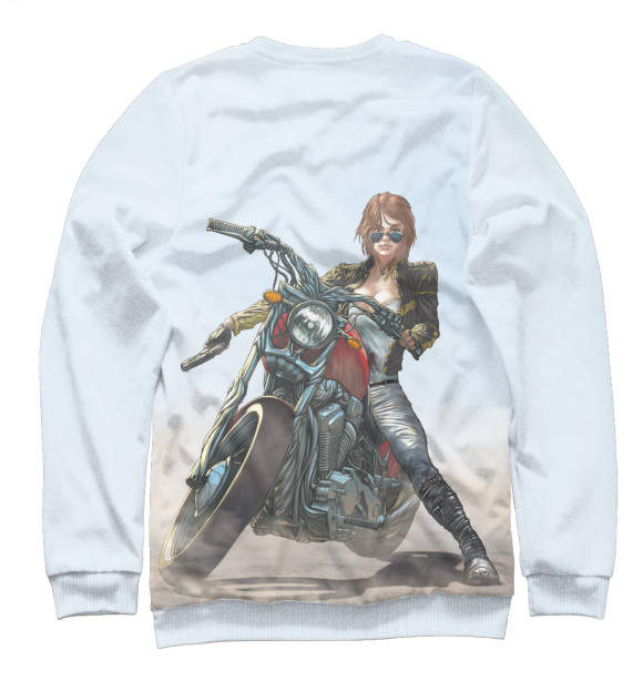 Мужской свитшот с изображением Девушка на мотоцикле цвета Белый
