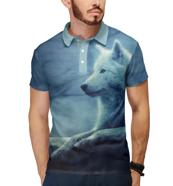 Мужское поло с изображением Волк цвета Белый