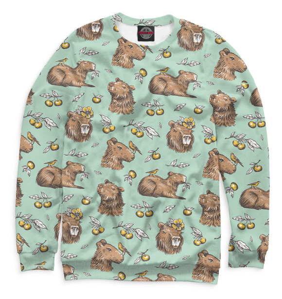 Мужской свитшот с изображением Капибара с ягодами цвета Белый