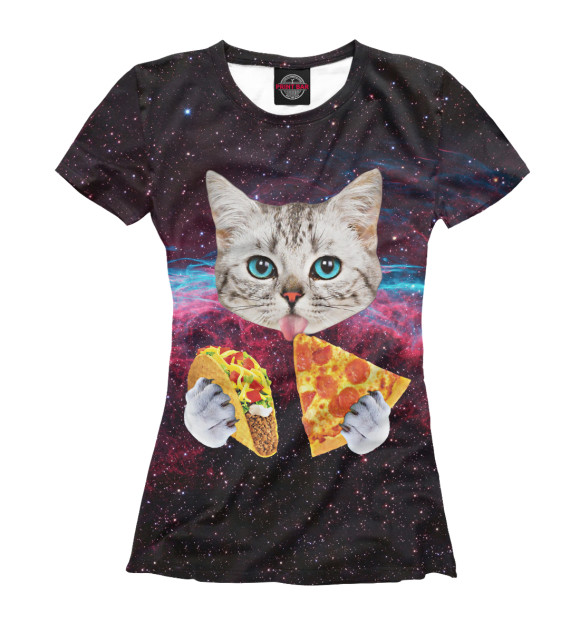 Женская футболка с изображением Котик с Пиццей цвета Белый