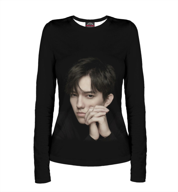 Женский лонгслив с притом Димаш Кудайберген цвета Белый Женский лонгслив с изображением Димаш Кудайберген цвета Белый