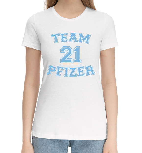 Женская хлопковая футболка с притом Team Pfizer цвета Белый Женская хлопковая футболка с изображением Team Pfizer цвета Белый