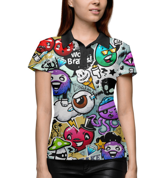 Женское поло с изображением Стена стикеров цвета Белый