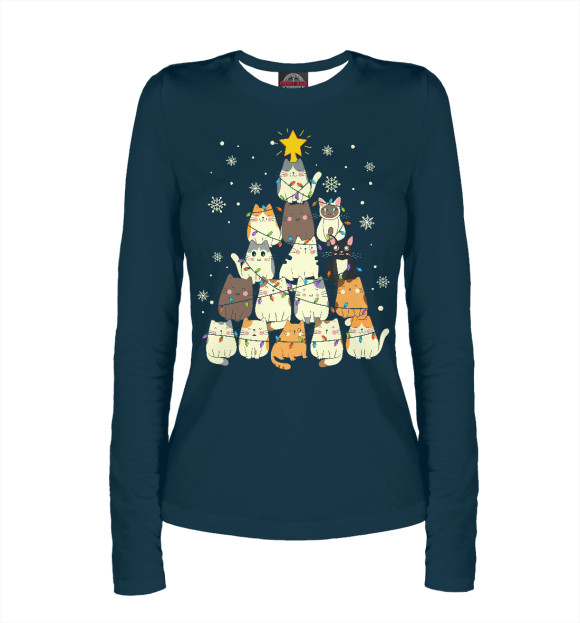 Женский лонгслив с притом Елка из котиков цвета Белый Женский лонгслив с изображением Елка из котиков цвета Белый