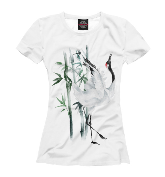 Женская футболка с изображением Японский журавль цвета Белый
