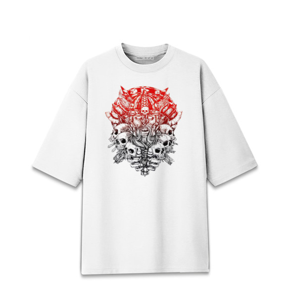 Женская футболка оверсайз с притом Воин с черепами цвета Белый Женская футболка оверсайз с изображением Воин с черепами цвета Белый