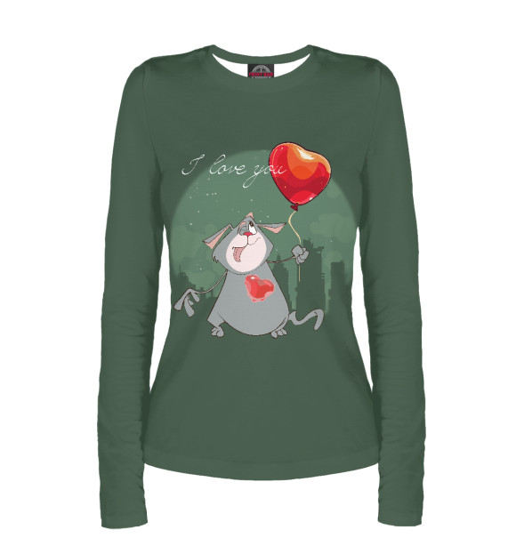 Женский лонгслив с изображением Котик с шариком I love you цвета Белый