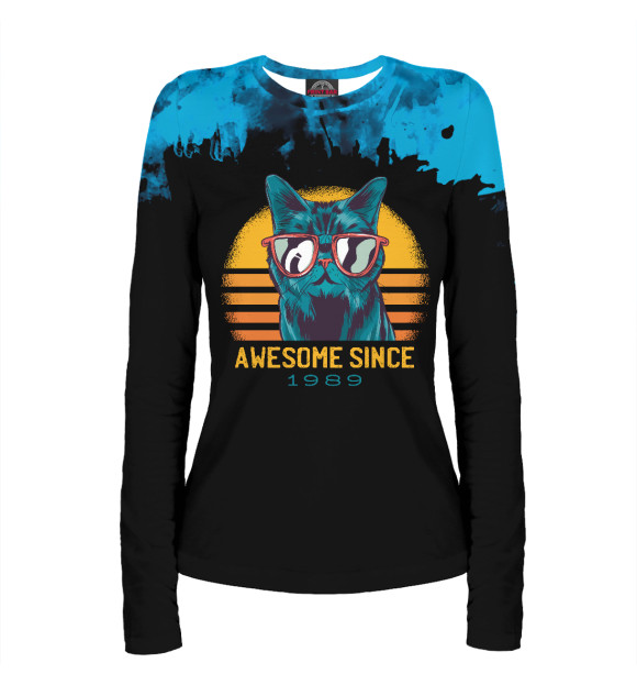 Женский лонгслив с изображением AWESOME CAT SINCE 1989 цвета Белый