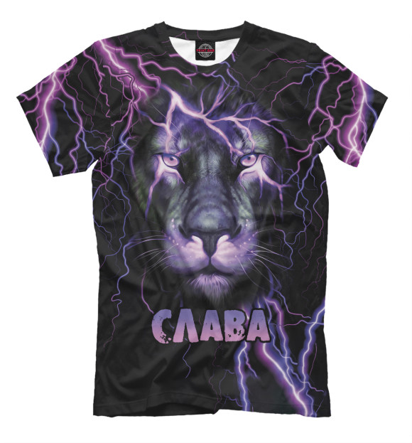 Мужская футболка с изображением Неоновый лев Слава цвета Белый