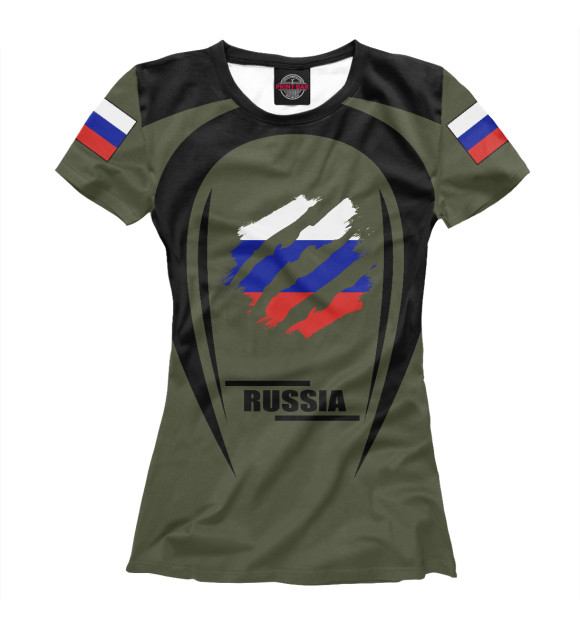 Женская футболка с изображением RUSSIA на зелёном фоне цвета Белый