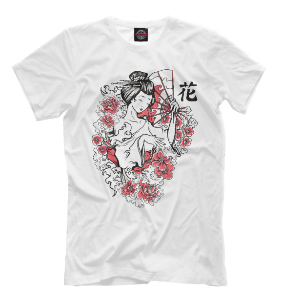 Мужская футболка с притом Гейша с веером цвета Белый Мужская футболка с изображением Гейша с веером цвета Белый
